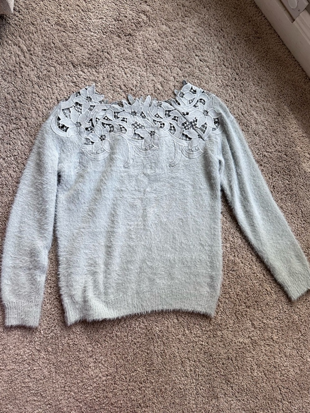Light Gray Fuzzy Crewneck Sweater with Lace Yoke